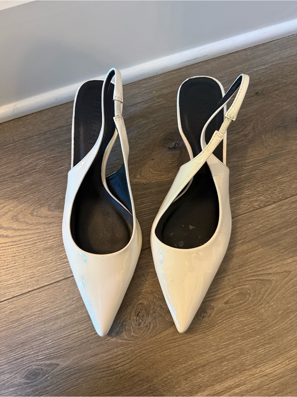 Patent Pointed-Toe Slingback Flats in Cream